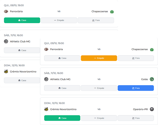Tela ilustrando a seleção de palpites em uma rodada