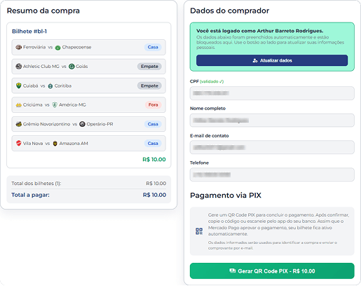 Tela de checkout com resumo do bilhete e pagamento via PIX