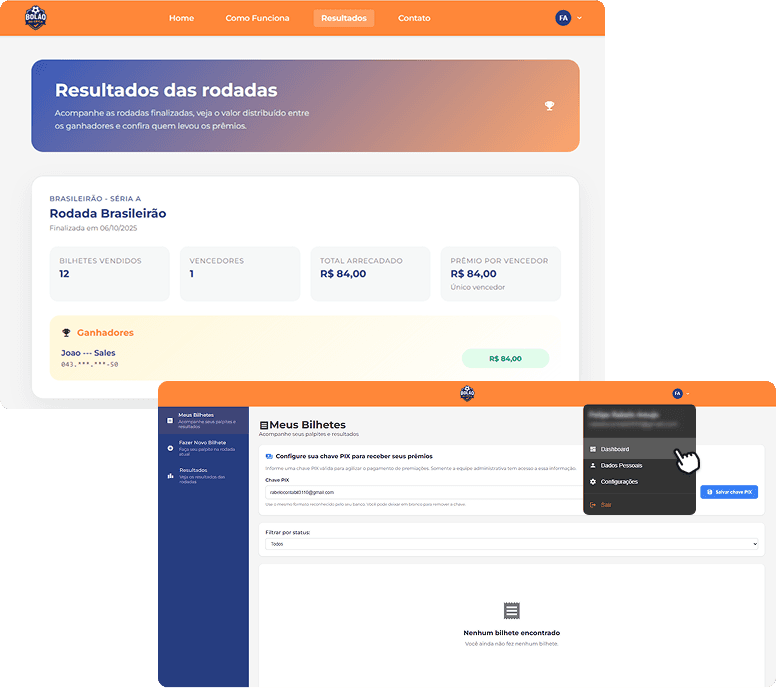 Tela de resultados exibindo ganhadores e painel do usuário